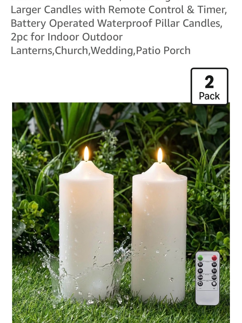 Waterproof White LED Pillar Candles with Remote Control - 2 Pack